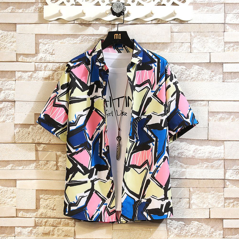 Men's Summer Color Matching Printed Fashion Style Short-Sleeved Shirt