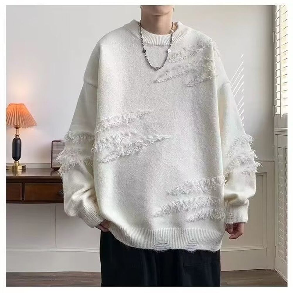 Men's Crew Neck Sweater Fleece-lined Thick Loose Knitwear