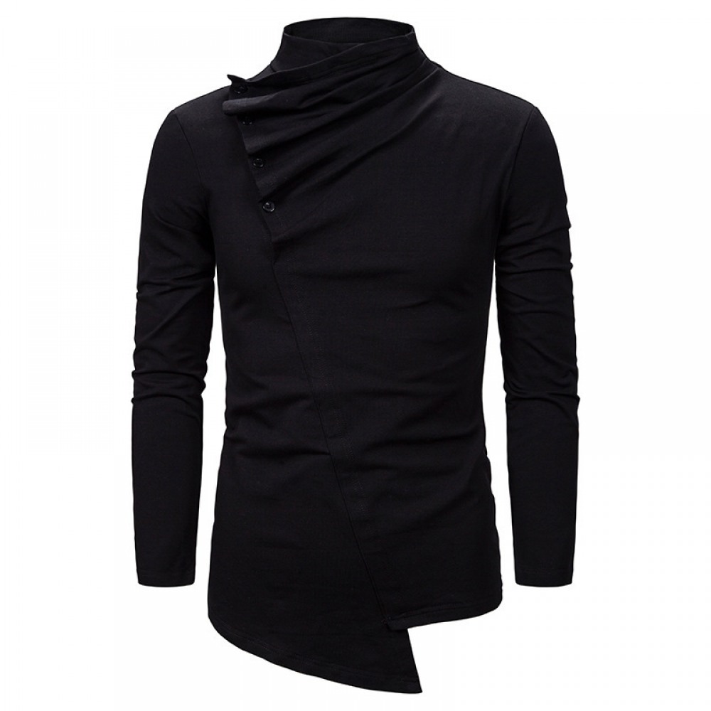 Men's Fashion Pile Collar Oblique Button Design Irregular Cut Slim Long-Sleeved T-Shirt